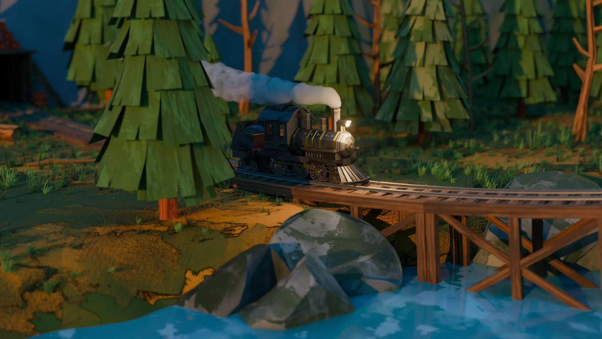 Low-Poly Train: stilisierter Zug im Wald, 3D-Echtzeitumgebung.