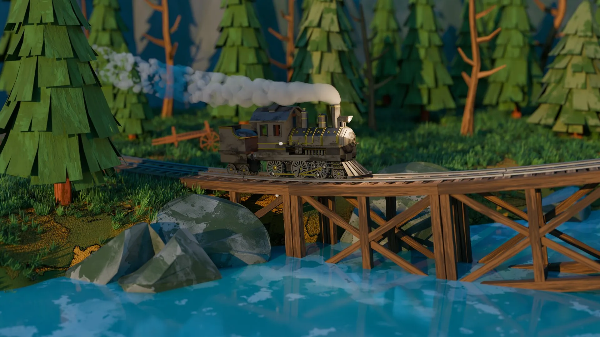 Low-Poly Train: Brücke über eine stilisierte 3D-Landschaft.