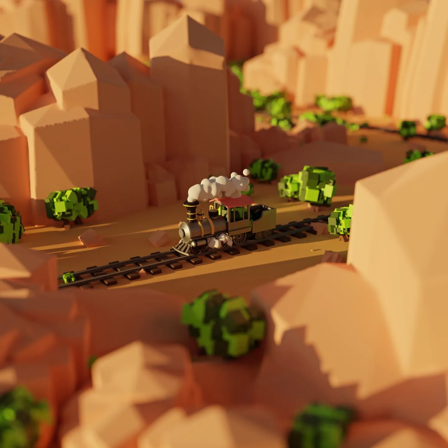 Low-Poly Train: Blick über die Schluchtlandschaft in 3D, Zug auf der Strecke.