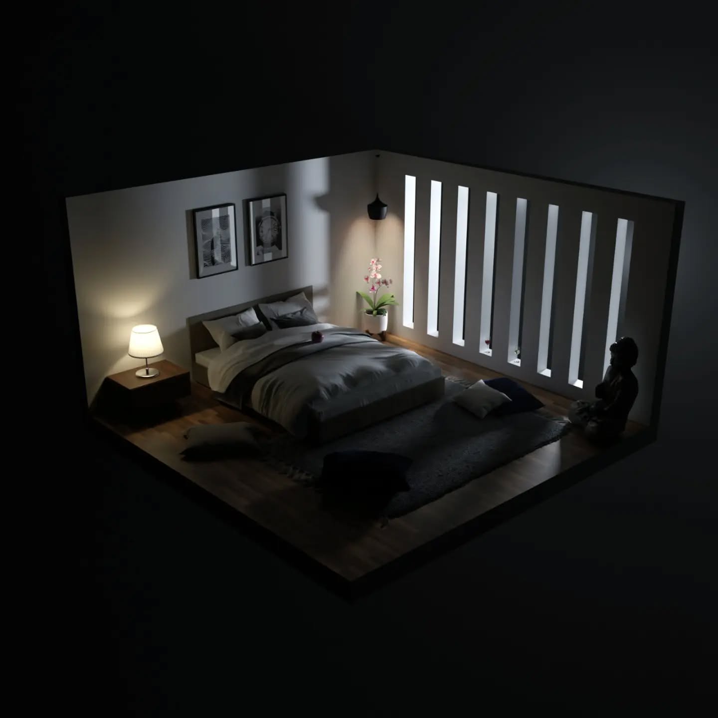 3D-Interieur: Schlafzimmer bei Abendlicht, Lamellenwand und indirekte Beleuchtung.