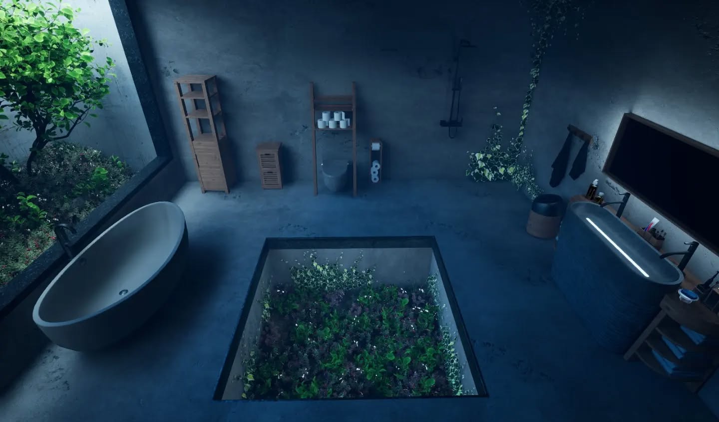 3D-Interieur: derselbe Wohnraum von oben, Grundriss im Schnitt.