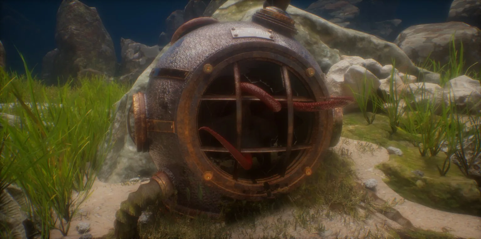 The Old Deep: Tauchglocke am Meeresgrund, 3D-Szene mit Unterwasserlicht.