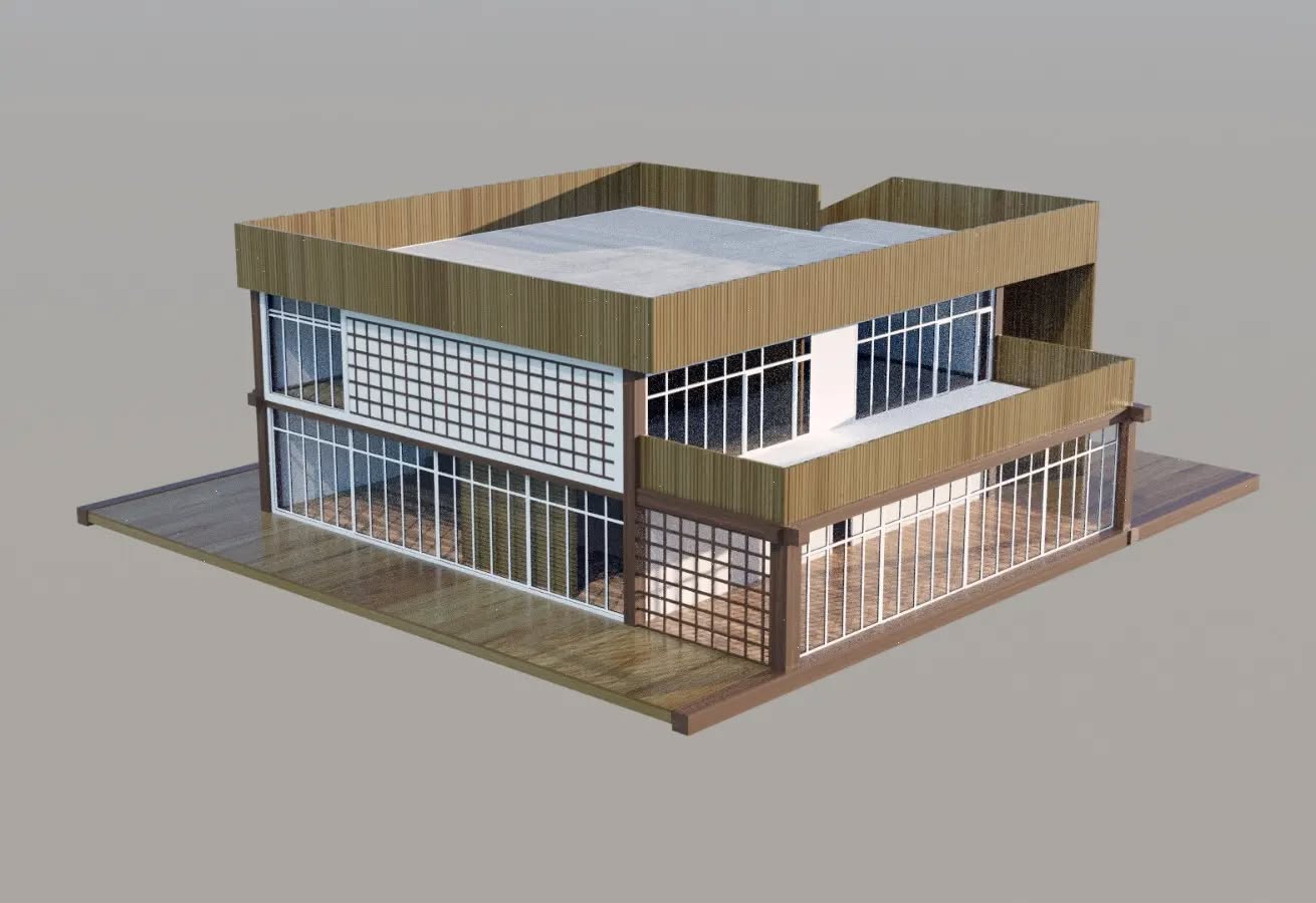 3D-Architekturvisualisierung: Wohnhaus mit Holzfassade und Außentreppe.